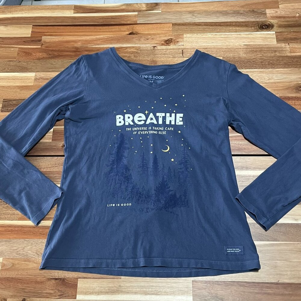 Life Is Good Crusher T Shirt Womens M Long Sleeve Breathe Nature Forest Universe